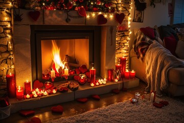 Cozy fireplace with heart-shaped decorations and candles, creating a warm and intimate setting for a Valentine's evening.