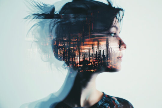 Closeup portrait of young woman with double exposure effect, glitch elements
