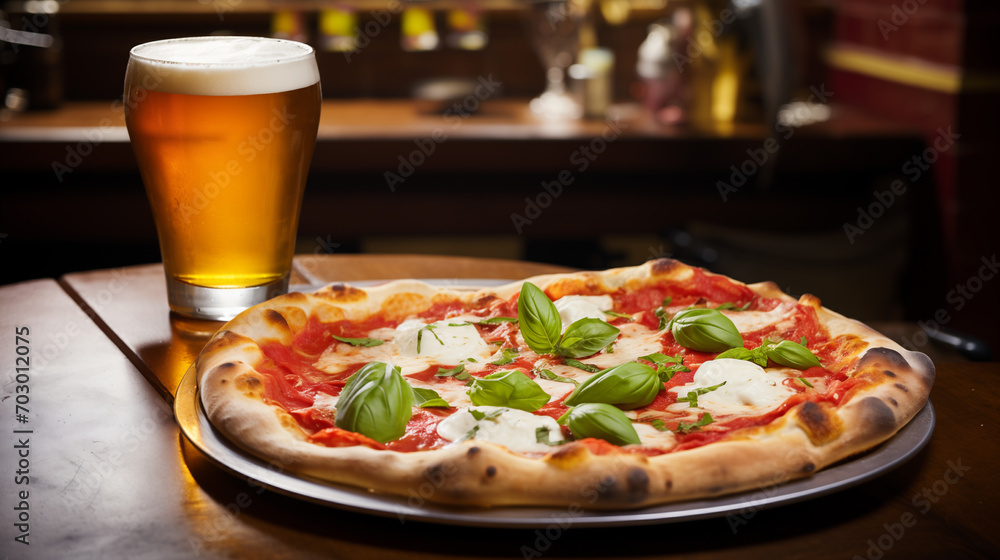 Wall mural pizza con pomodoro, mozzarella, basilico e una birra fresca in una pizzeria in italia