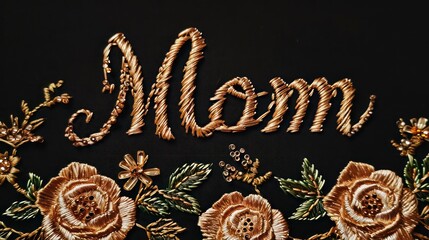 Beautifully embroidered in metallic thread, the name "Mom" adorned with beads and sequins, featuring golden decorative textile floral pattern accents on a semi-reflective black surface.
