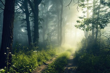 Enchanted forest path with mystical fog and ethereal light