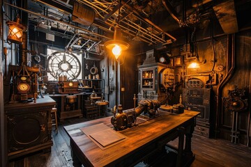 Fototapeta na wymiar Enigmatic escape room set in a steampunk-themed inventor's lab