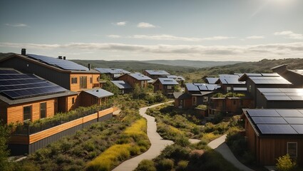 A community powered entirely by solar panels, showcasing rooftops adorned with solar arrays and a landscape of energy-efficient homes, emphasizing sustainable living. Copy space.