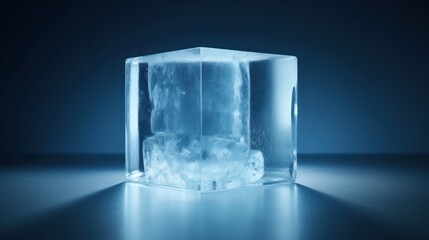  an ice cube sitting on a table in the middle of a dark room with a light coming from the top of it.