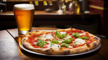 Pizza con pomodoro, mozzarella, basilico e una birra fresca in una pizzeria in Italia	