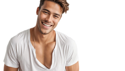 Happy young guy in a white T-shirt isolated emotions