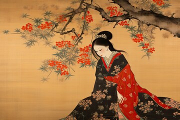 japanese art female, edo period  - obrazy, fototapety, plakaty