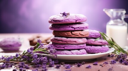 Obraz na płótnie Canvas a stack of purple cookies sitting on top of a white plate next to a glass of milk and a bottle of milk.