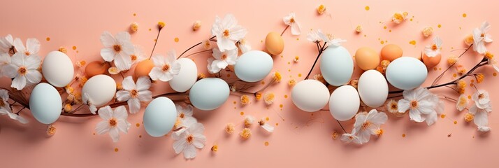 Web banner with Easter eggs and vibrant spring flowers on background with pastel shades of soft blue and peach.
