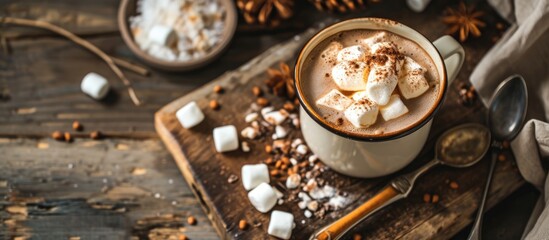 Wooden board with hot cocoa and mini marshmallows
