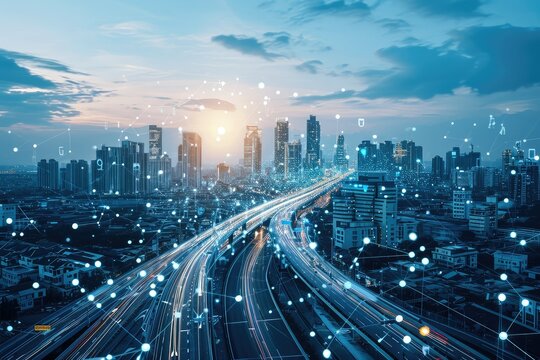 Futuristic smart city with interconnected devices and autonomous vehicles