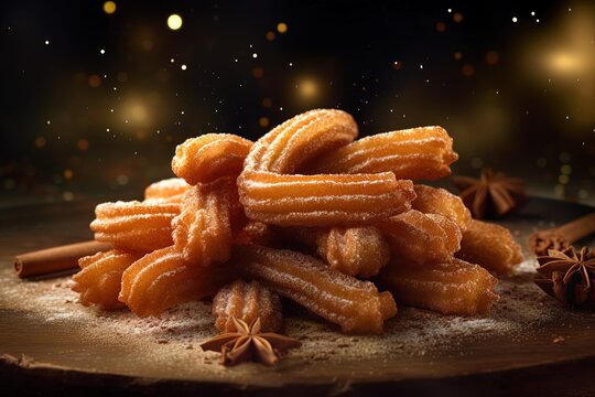 closeup of a of sweet hot churros with stars anise , spanish pastry on blurred background - Powered by Adobe