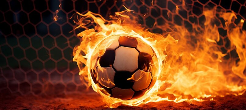 Fiery soccer ball smashing into goal with net in flames   action packed sports concept