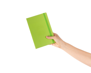 Hand showing green notebook, holding textbooks or organizers, education, reading literature. Indoor studio shot isolated on transparent png background with clipping paths. 