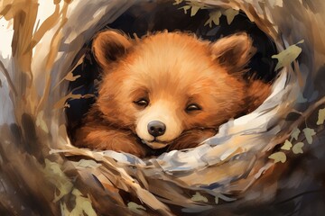 watercolor adorable bear sleeping inside of a den