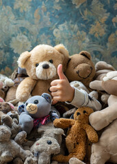 A pile of old stuffed animals with a hand poking through the middle of the pile, giving a thumbs up
