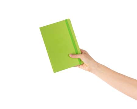 Hand showing green notebook, holding textbooks or organizers, education, reading literature. Indoor studio shot isolated on transparent png background with clipping paths. 