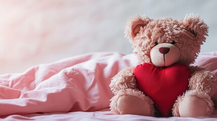Enchanting Valentine background showcasing a pastel pink teddy bear in a warm embrace with a red love symbol.

