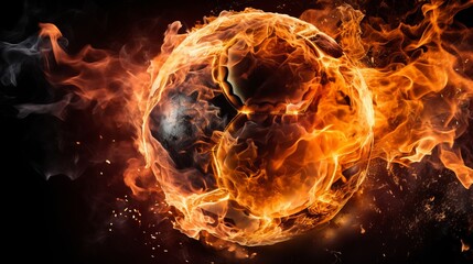 Fiery soccer ball flying into the goal with flaming net in a spectacular display of sportsmanship