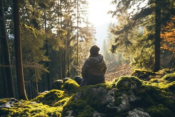 Person in a serene forest practicing mindfulness