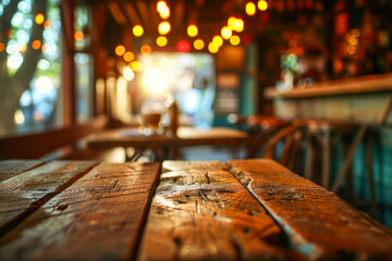 Wood table on blur of cafe, coffee shop, bar.