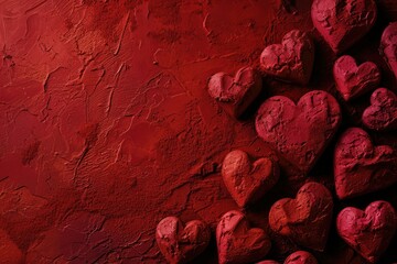 Red velvet texture with subtle heart imprints, offering a rich backdrop for love notes copy-space
