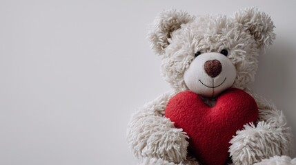 Beautiful Valentine background with a white teddy bear hugging a red love symbol

