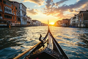 Romantic gondola ride through the canals of Venice at sunset - obrazy, fototapety, plakaty