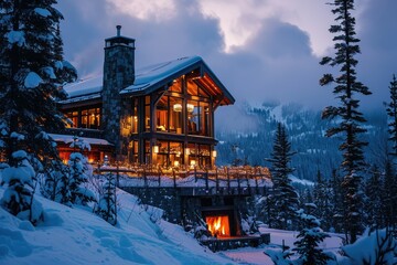 Serene alpine lodge at dusk with a warm, glowing fireplace