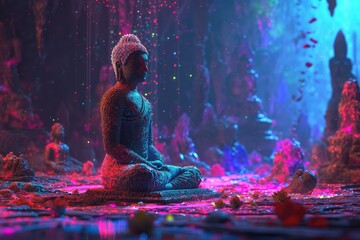 Serene meditation in a vibrant psychedelic setting
