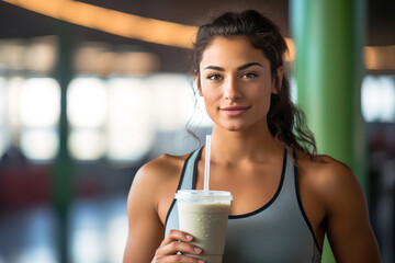 Attractive young Latina wearing sports wear at the gym awhile drinking healthy green smoothie