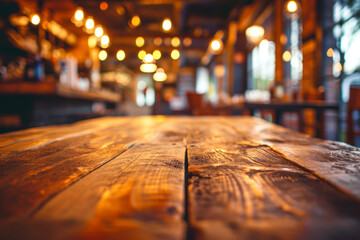 Wood table on blur of cafe, coffee shop, bar.