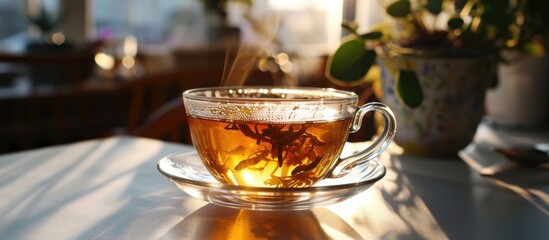 Sunrise herbal tea in a glass cup on a white table. - obrazy, fototapety, plakaty