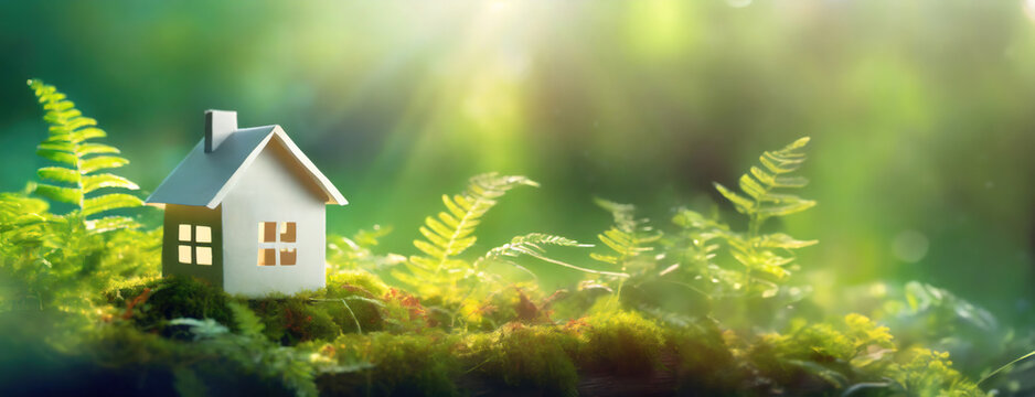 A miniature house nestled in a vibrant, sunlit forest clearing. Tiny home surrounded by lush ferns and moss, bathed in a beam of sunlight. Panorama with copy space.