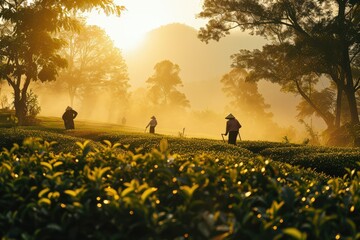 Traditional tea plantation with workers harvesting leaves at sunrise