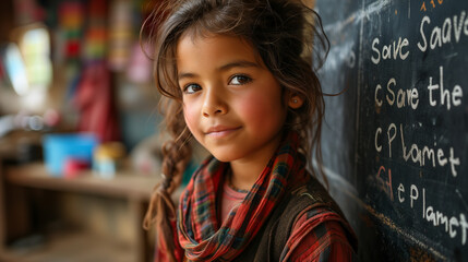 Bambina di origini indiane in una scuola elementare con la scritta Save the Planet sulla lavagna.
