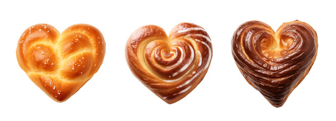 Brioche heart shape breads over isolated transparent background