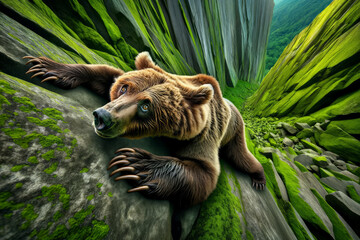 Struggling bear in a green bull market with new all time highs, the bear is holding on for dear life, trying not to fall. A metaphor for bearish investors that find themselves surprised by the market - obrazy, fototapety, plakaty