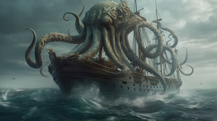 Monster kraken holding a ship - obrazy, fototapety, plakaty