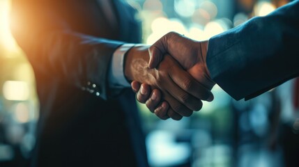 Businessmen shaking hands to symbolize successful negotiations for a business merger and acquisition teamwork - obrazy, fototapety, plakaty