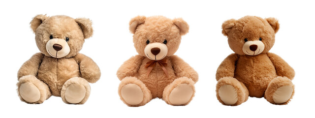 Three different traditional teddy bears over white transparent background