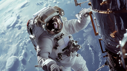 Spaceman's expert repair work on the spacecraft in outer space