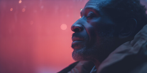 Hopeful Black man in profile, bathed in a soft red light with reflective bokeh effects