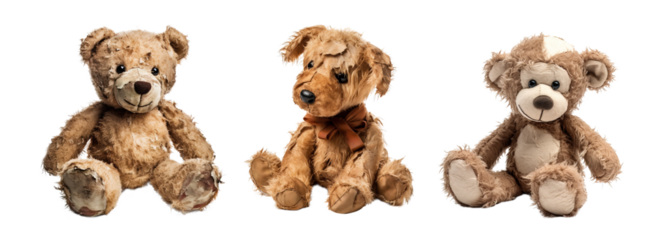 Rotten and dirty set of different teddy bears over isolated transparent background