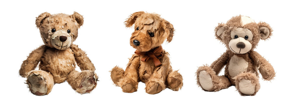 Rotten and dirty set of different teddy bears over isolated transparent background