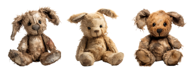 Three teddy rabbits rotten and dirty over white transparent background