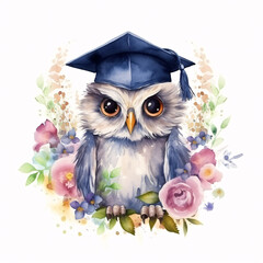 Enchanting watercolor illustration of a cute smart owl surrounded by colorful summer flowers