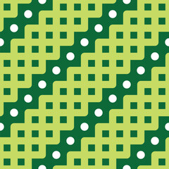 Abstract wavy seamless pattern in flat style. Flat style vector pattern with green wave and white dot elements.