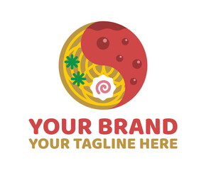 Yin yang food and drink logo template. Multipurpose vector logo template with ramen or noodles, drink, and yin yang element for restaurants, bars, etc.