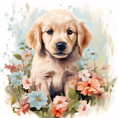 Enchanting watercolor illustration of a cute puppy surrounded by colorful summer flowers